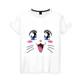 Женская футболка хлопок с принтом Японская кошечка в Новосибирске, 100% хлопок | прямой крой, круглый вырез горловины, длина до линии бедер, слегка спущенное плечо | аниме | глаза | глазки | девушкам | киса | кот | коте | котенок | кошечка | кошка | милые создания | мордочка | японская кошечка