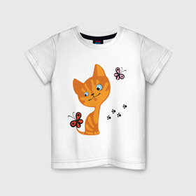 Детская футболка хлопок с принтом Котенок с бабочками в Новосибирске, 100% хлопок | круглый вырез горловины, полуприлегающий силуэт, длина до линии бедер | для девушек | котенок | котенок с бабочкой | кошки