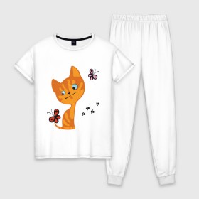 Женская пижама хлопок с принтом Котенок с бабочками в Новосибирске, 100% хлопок | брюки и футболка прямого кроя, без карманов, на брюках мягкая резинка на поясе и по низу штанин | для девушек | котенок | котенок с бабочкой | кошки