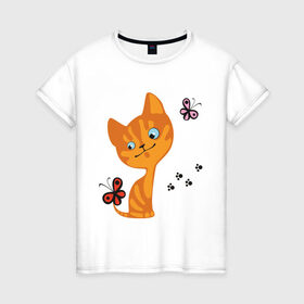 Женская футболка хлопок с принтом Котенок с бабочками в Новосибирске, 100% хлопок | прямой крой, круглый вырез горловины, длина до линии бедер, слегка спущенное плечо | для девушек | котенок | котенок с бабочкой | кошки