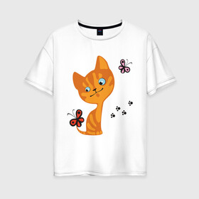 Женская футболка хлопок Oversize с принтом Котенок с бабочками в Новосибирске, 100% хлопок | свободный крой, круглый ворот, спущенный рукав, длина до линии бедер
 | для девушек | котенок | котенок с бабочкой | кошки