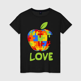 Женская футболка хлопок с принтом Apple пазл в Новосибирске, 100% хлопок | прямой крой, круглый вырез горловины, длина до линии бедер, слегка спущенное плечо | Тематика изображения на принте: apple | love apple | люблю эппл | паззлы | яблоко