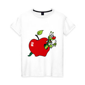 Женская футболка хлопок с принтом Яблочко с червячком в Новосибирске, 100% хлопок | прямой крой, круглый вырез горловины, длина до линии бедер, слегка спущенное плечо | apple | iphone | джобс | коммуникатор | комуникатор | пятый айфон | телефон | фрукт | червяк | яблоко