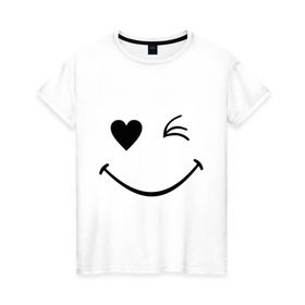Женская футболка хлопок с принтом Подмигивающий смайлик в Новосибирске, 100% хлопок | прямой крой, круглый вырез горловины, длина до линии бедер, слегка спущенное плечо | smile | для девушек | мордочка | позитив | рожица | сердечко | смайл | смайлик | улыбка