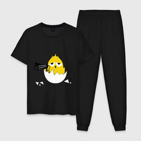 Мужская пижама хлопок с принтом Цыпленок гангстер (chicken gangster) в Новосибирске, 100% хлопок | брюки и футболка прямого кроя, без карманов, на брюках мягкая резинка на поясе и по низу штанин
 | дуло | оружие | пистолет | птенчик | птичка | цыпа | яйцо