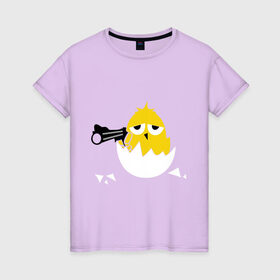 Женская футболка хлопок с принтом Цыпленок гангстер (chicken gangster) в Новосибирске, 100% хлопок | прямой крой, круглый вырез горловины, длина до линии бедер, слегка спущенное плечо | дуло | оружие | пистолет | птенчик | птичка | цыпа | яйцо