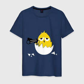 Мужская футболка хлопок с принтом Цыпленок гангстер (chicken gangster) в Новосибирске, 100% хлопок | прямой крой, круглый вырез горловины, длина до линии бедер, слегка спущенное плечо. | Тематика изображения на принте: дуло | оружие | пистолет | птенчик | птичка | цыпа | яйцо