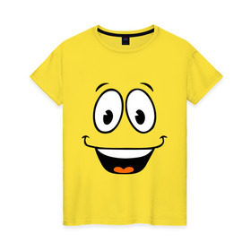 Женская футболка хлопок с принтом Радостный смайлик в Новосибирске, 100% хлопок | прямой крой, круглый вырез горловины, длина до линии бедер, слегка спущенное плечо | Тематика изображения на принте: cool777 | smile | смайл | смайлик | улыбка