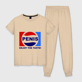 Женская пижама хлопок с принтом Penis. Enjoy the taste в Новосибирске, 100% хлопок | брюки и футболка прямого кроя, без карманов, на брюках мягкая резинка на поясе и по низу штанин | penis | pepsi | антибренд | пепси