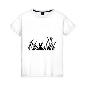 Женская футболка хлопок с принтом Зайчик в кустах в Новосибирске, 100% хлопок | прямой крой, круглый вырез горловины, длина до линии бедер, слегка спущенное плечо | зайка | зайчик