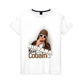 Женская футболка хлопок с принтом Kurt Cobain в очках в Новосибирске, 100% хлопок | прямой крой, круглый вырез горловины, длина до линии бедер, слегка спущенное плечо | kurt cobain | kurt cobain в очках | nirvana | музыка | нирвана