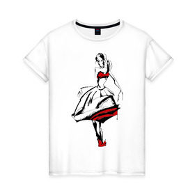 Женская футболка хлопок с принтом Девушка в красном платье в Новосибирске, 100% хлопок | прямой крой, круглый вырез горловины, длина до линии бедер, слегка спущенное плечо | девушка в красном | девушкам | для девушек | рисунок