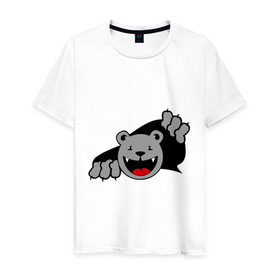Мужская футболка хлопок с принтом Медведь вылезает из футболки в Новосибирске, 100% хлопок | прямой крой, круглый вырез горловины, длина до линии бедер, слегка спущенное плечо. | медведь | прикольные картинки