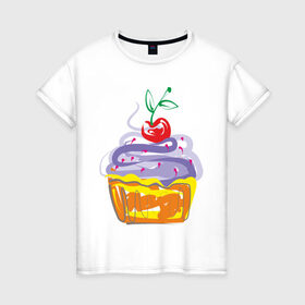 Женская футболка хлопок с принтом кексик в Новосибирске, 100% хлопок | прямой крой, круглый вырез горловины, длина до линии бедер, слегка спущенное плечо | вишенка | еда | кексик | пироженка | сладости | тортики