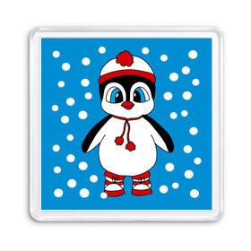 Магнит 55*55 с принтом Пингвиненок в снегу в Новосибирске, Пластик | Размер: 65*65 мм; Размер печати: 55*55 мм | пингвин