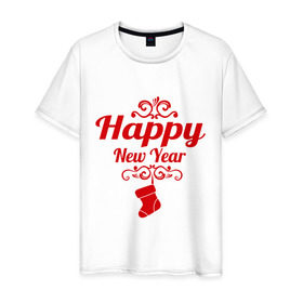 Мужская футболка хлопок с принтом Happy new year, носок в Новосибирске, 100% хлопок | прямой крой, круглый вырез горловины, длина до линии бедер, слегка спущенное плечо. | 2013 | happy new year | new year | год змеи | дед мороз | новый год