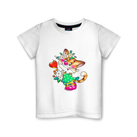 Детская футболка хлопок с принтом КИСКА С СЕРДЕЧКОМ в Новосибирске, 100% хлопок | круглый вырез горловины, полуприлегающий силуэт, длина до линии бедер | детское | детям | для детей | киса | котенок | кошка