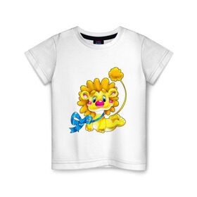 Детская футболка хлопок с принтом ЛЕВ С БАНТОМ в Новосибирске, 100% хлопок | круглый вырез горловины, полуприлегающий силуэт, длина до линии бедер | бантик | детские | животное | зверь | ленточка | львенок