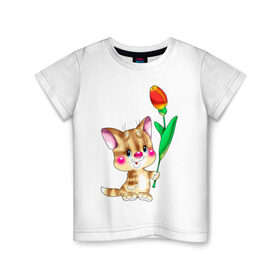 Детская футболка хлопок с принтом КОТ С ТЮЛЬПАНОМ в Новосибирске, 100% хлопок | круглый вырез горловины, полуприлегающий силуэт, длина до линии бедер | детские | животные | звери | зверушка | киса | котенок | котик | цветок | цветочек