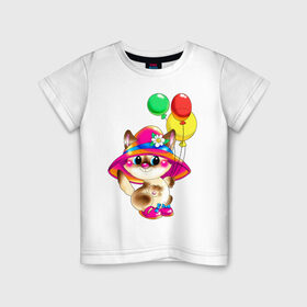 Детская футболка хлопок с принтом КИСКА В ШЛЯПЕ в Новосибирске, 100% хлопок | круглый вырез горловины, полуприлегающий силуэт, длина до линии бедер | Тематика изображения на принте: в шляпе | воздушные шарики | детские | животные | звери | зверушка | киса | котенок | шары