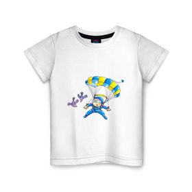 Детская футболка хлопок с принтом ПАРАШЮТИСТ И ПТИЧКИ в Новосибирске, 100% хлопок | круглый вырез горловины, полуприлегающий силуэт, длина до линии бедер | картинки | мультяшки | парашютист | птицы | птички