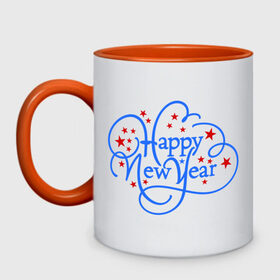 Кружка двухцветная с принтом Happy New Year! в Новосибирске, керамика | объем — 330 мл, диаметр — 80 мм. Цветная ручка и кайма сверху, в некоторых цветах — вся внутренняя часть | 2013 | happy new year | new year | ny | год змеи | новый год | новый год 2013