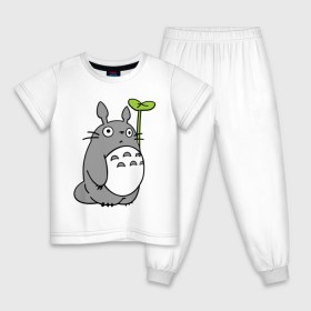 Детская пижама хлопок с принтом TOTORO с листом в Новосибирске, 100% хлопок |  брюки и футболка прямого кроя, без карманов, на брюках мягкая резинка на поясе и по низу штанин
 | Тематика изображения на принте: totoro | totoro с листом | аниме | тоторо