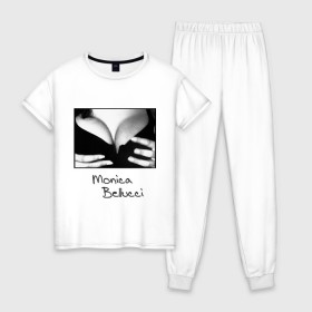 Женская пижама хлопок с принтом Моника Белуччи в Новосибирске, 100% хлопок | брюки и футболка прямого кроя, без карманов, на брюках мягкая резинка на поясе и по низу штанин | monica belucci | грудь | декольте | моника | моника белучи