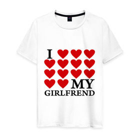 Мужская футболка хлопок с принтом I love my GirlFrend (Я люблю свою подругу) в Новосибирске, 100% хлопок | прямой крой, круглый вырез горловины, длина до линии бедер, слегка спущенное плечо. | (я люблю свою подругу | i love my girlfrend | подарок любимому | подарок парню | я люблю свою девушку