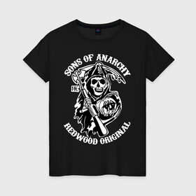 Женская футболка хлопок с принтом Sons of anarchy logo в Новосибирске, 100% хлопок | прямой крой, круглый вырез горловины, длина до линии бедер, слегка спущенное плечо | скелет | сыны анархии
