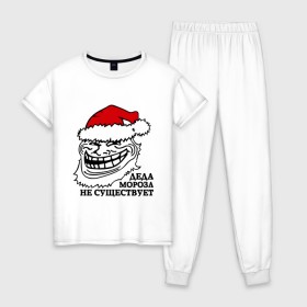Женская пижама хлопок с принтом Новогодний trollface в Новосибирске, 100% хлопок | брюки и футболка прямого кроя, без карманов, на брюках мягкая резинка на поясе и по низу штанин | troll face | trollface | дед мороз | интернет мемы | мемы | тролл фейс | тролфейл