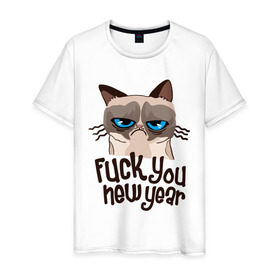 Мужская футболка хлопок с принтом Cat fuck you new year в Новосибирске, 100% хлопок | прямой крой, круглый вырез горловины, длина до линии бедер, слегка спущенное плечо. | cat | год змеи | интернет приколы | кошка | новый год | новый год 2013 | приколы