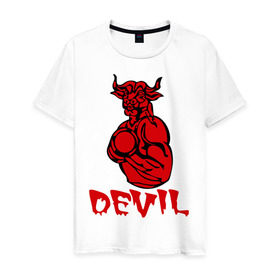 Мужская футболка хлопок с принтом красный дьяволёнок в Новосибирске, 100% хлопок | прямой крой, круглый вырез горловины, длина до линии бедер, слегка спущенное плечо. | Тематика изображения на принте: devil | бицепсы | бык | бычара | гантеля | качок | мускулы | силовой спорт