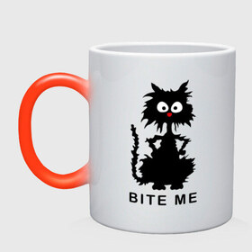 Кружка хамелеон с принтом Bite me (черный кот) в Новосибирске, керамика | меняет цвет при нагревании, емкость 330 мл | Тематика изображения на принте: киса | котенок