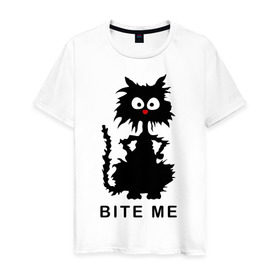 Мужская футболка хлопок с принтом Bite me (черный кот) в Новосибирске, 100% хлопок | прямой крой, круглый вырез горловины, длина до линии бедер, слегка спущенное плечо. | киса | котенок