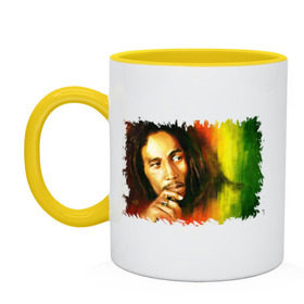 Кружка двухцветная с принтом Bob Marley в Новосибирске, керамика | объем — 330 мл, диаметр — 80 мм. Цветная ручка и кайма сверху, в некоторых цветах — вся внутренняя часть | reggae | боб марли | музыка | музыкант | регги