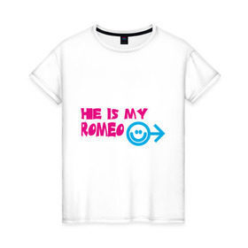 Женская футболка хлопок с принтом Мой Ромео в Новосибирске, 100% хлопок | прямой крой, круглый вырез горловины, длина до линии бедер, слегка спущенное плечо | he is my romeo | для влюбленных | для двоих | для пар | любимая | любимый | любовь | мой ромео | парные | смайлик | стрелка