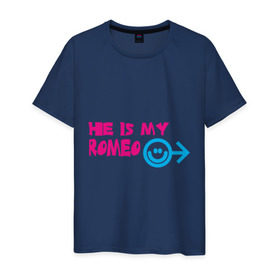 Мужская футболка хлопок с принтом Мой Ромео в Новосибирске, 100% хлопок | прямой крой, круглый вырез горловины, длина до линии бедер, слегка спущенное плечо. | he is my romeo | для влюбленных | для двоих | для пар | любимая | любимый | любовь | мой ромео | парные | смайлик | стрелка