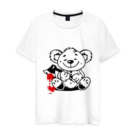 Мужская футболка хлопок с принтом Мишка маньяк в Новосибирске, 100% хлопок | прямой крой, круглый вырез горловины, длина до линии бедер, слегка спущенное плечо. | животные | кровь | мишка | плюшевый мишка | ужасы
