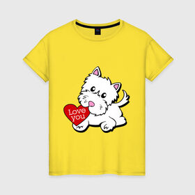 Женская футболка хлопок с принтом Собачка с сердцем в Новосибирске, 100% хлопок | прямой крой, круглый вырез горловины, длина до линии бедер, слегка спущенное плечо | 14 feb | 14 февраля | i love you | valentines day | день влюбленных | день всех влюбленных | день святого валентина | песик | собака | собачка | я люблю тебя