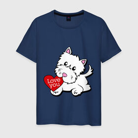 Мужская футболка хлопок с принтом Собачка с сердцем в Новосибирске, 100% хлопок | прямой крой, круглый вырез горловины, длина до линии бедер, слегка спущенное плечо. | 14 feb | 14 февраля | i love you | valentines day | день влюбленных | день всех влюбленных | день святого валентина | песик | собака | собачка | я люблю тебя