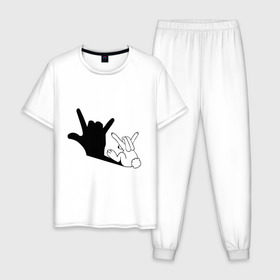 Мужская пижама хлопок с принтом Тень зайца в Новосибирске, 100% хлопок | брюки и футболка прямого кроя, без карманов, на брюках мягкая резинка на поясе и по низу штанин
 | животные | заяц | театр теней | тень