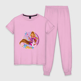 Женская пижама хлопок с принтом WinX - Флора в Новосибирске, 100% хлопок | брюки и футболка прямого кроя, без карманов, на брюках мягкая резинка на поясе и по низу штанин | Тематика изображения на принте: win x | winx | винкс | детские | детям | для детей | феи | флора
