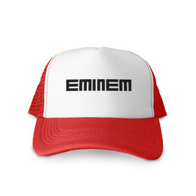 Кепка тракер с сеткой с принтом Eminem black logo в Новосибирске, трикотажное полотно; задняя часть — сетка | длинный козырек, универсальный размер, пластиковая застежка | Тематика изображения на принте: хип хоп