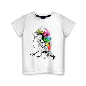 Детская футболка хлопок с принтом Birdie в Новосибирске, 100% хлопок | круглый вырез горловины, полуприлегающий силуэт, длина до линии бедер | 8 марта | подарок | птица | птичка | разноцветные | цветы