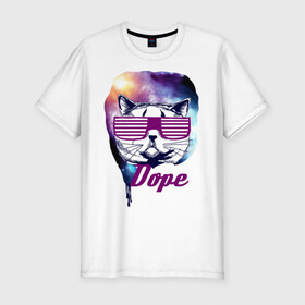 Мужская футболка премиум с принтом Space cat dope в Новосибирске, 92% хлопок, 8% лайкра | приталенный силуэт, круглый вырез ворота, длина до линии бедра, короткий рукав | dope | swag | кошка | кошки | очки жалюзи | сваг | свэг