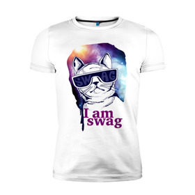 Мужская футболка премиум с принтом Space cat swag в Новосибирске, 92% хлопок, 8% лайкра | приталенный силуэт, круглый вырез ворота, длина до линии бедра, короткий рукав | i am swag | swag | кошка | кошки | очки | сваг | свэг