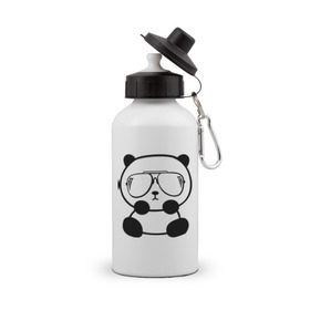 Бутылка спортивная с принтом панда в очках авиатор в Новосибирске, металл | емкость — 500 мл, в комплекте две пластиковые крышки и карабин для крепления | Тематика изображения на принте: панда