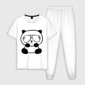 Мужская пижама хлопок с принтом панда в очках авиатор в Новосибирске, 100% хлопок | брюки и футболка прямого кроя, без карманов, на брюках мягкая резинка на поясе и по низу штанин
 | панда