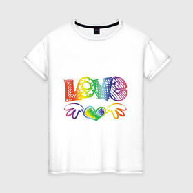 Женская футболка хлопок с принтом Rainbow love в Новосибирске, 100% хлопок | прямой крой, круглый вырез горловины, длина до линии бедер, слегка спущенное плечо | 